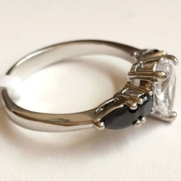 Silver Pear Cut Engagement Ring Black Onyx CZ Simulated Plated Size 8 9 10 - Picture 2 of 9